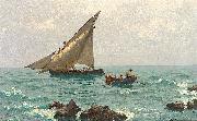 Julius Ludwig Friedrich Runge Morgenstimmung an der Adria mit Fischerbooten und Langustenfischern. Im Vordergrund felsige Kuste. Germany oil painting artist